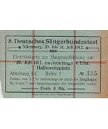 NURNBERG GERMANY~DEUTSCHES SANGERBUNDESFEST TICKET #135~ 1912 - £5.78 GBP