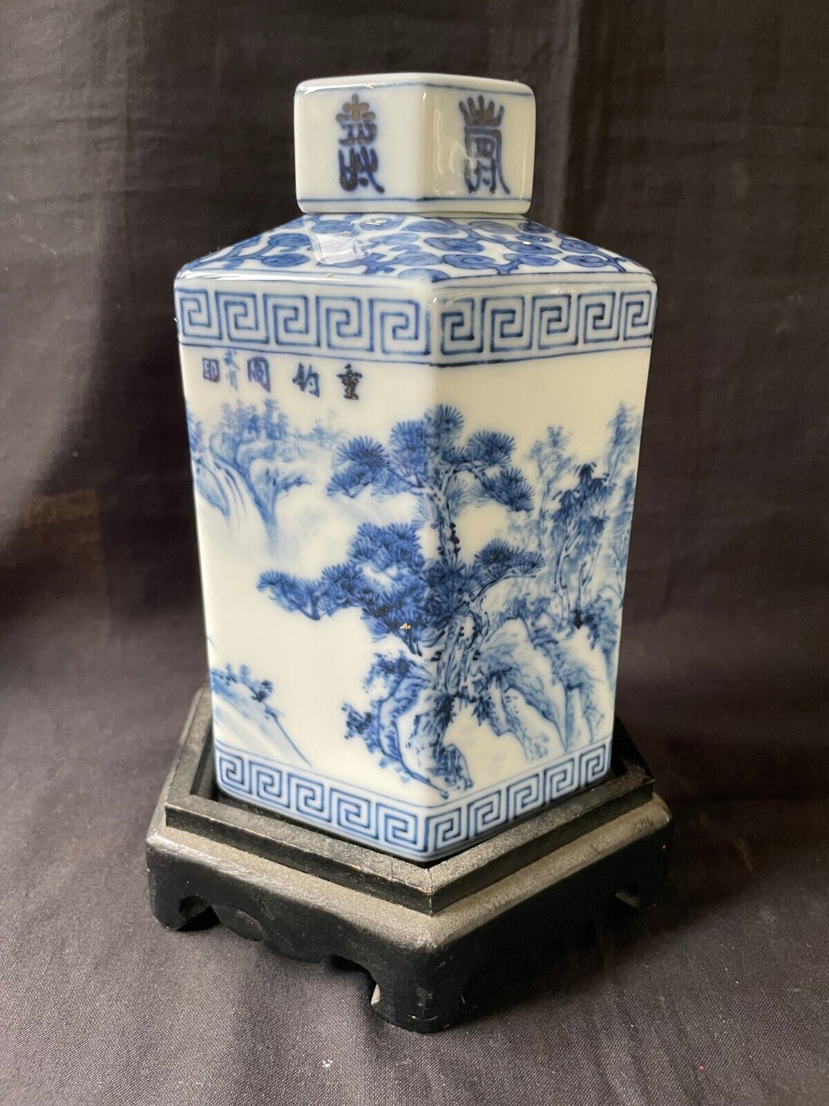 Antique chinese porcelain hexagonal tea caddy canister on wooden base. S... - $249.99