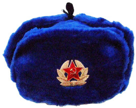 Autentico Russo Colbacco Blu Militare Cappello W/Soviet Red Army Distintivo - £23.94 GBP