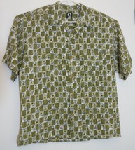 QUE Mens Short Sleeve Palms Trees Fish Green Hawaiian Fishing Rayon Shirt M - £18.50 GBP