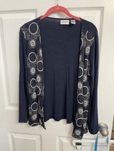 Chicos Travelers Navy Blue Embroidered Cardigan No Wrinkle Size Small (C... - $20.57