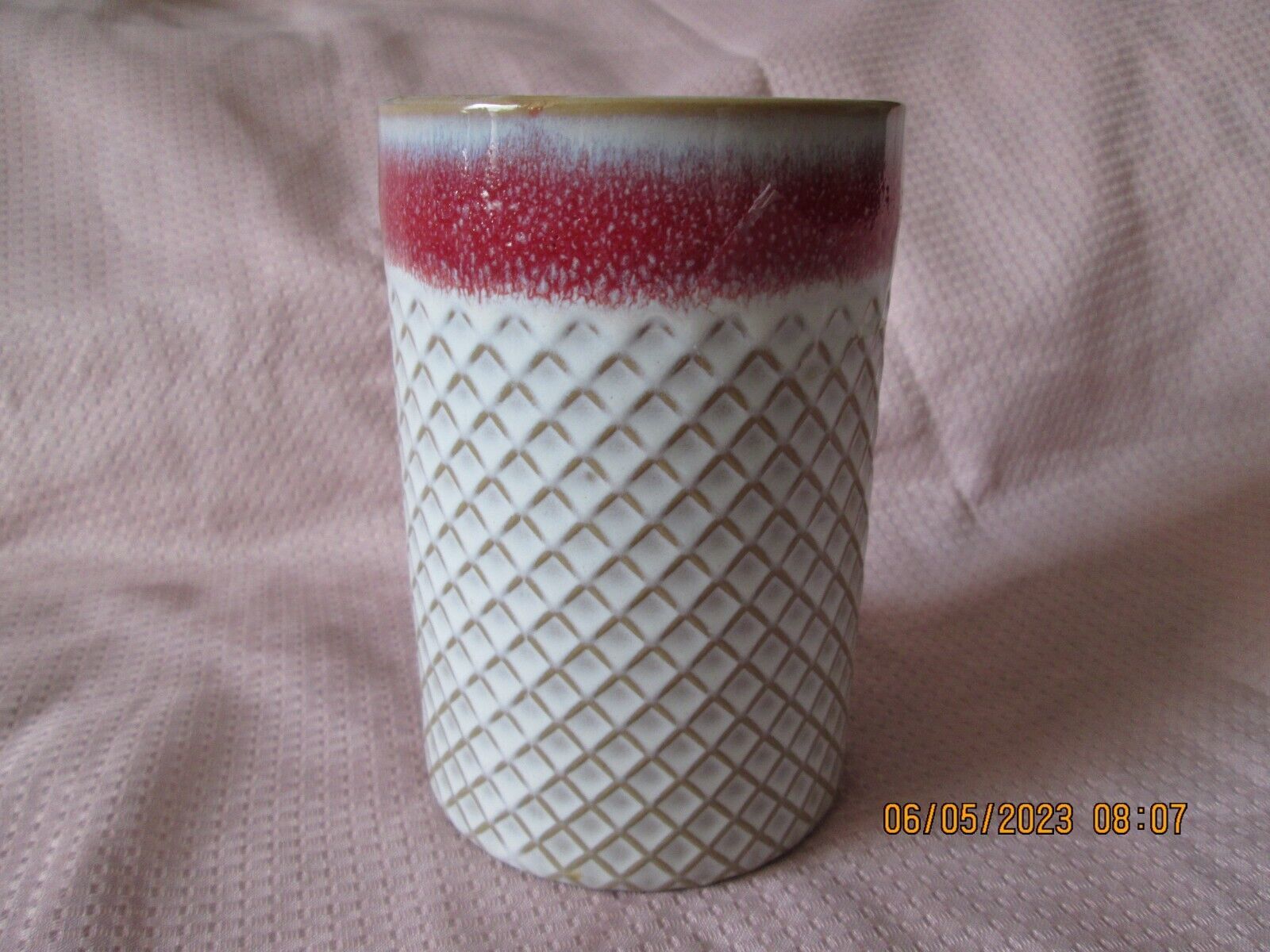 Ceramic Canister Jar Utensils/Pencils Holder Pink/Cream used - $9.50