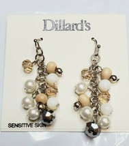 Dillard&#39;s Silver Tone French Wire Earrings Silver Cluster Pearls Beads Disco - £10.67 GBP