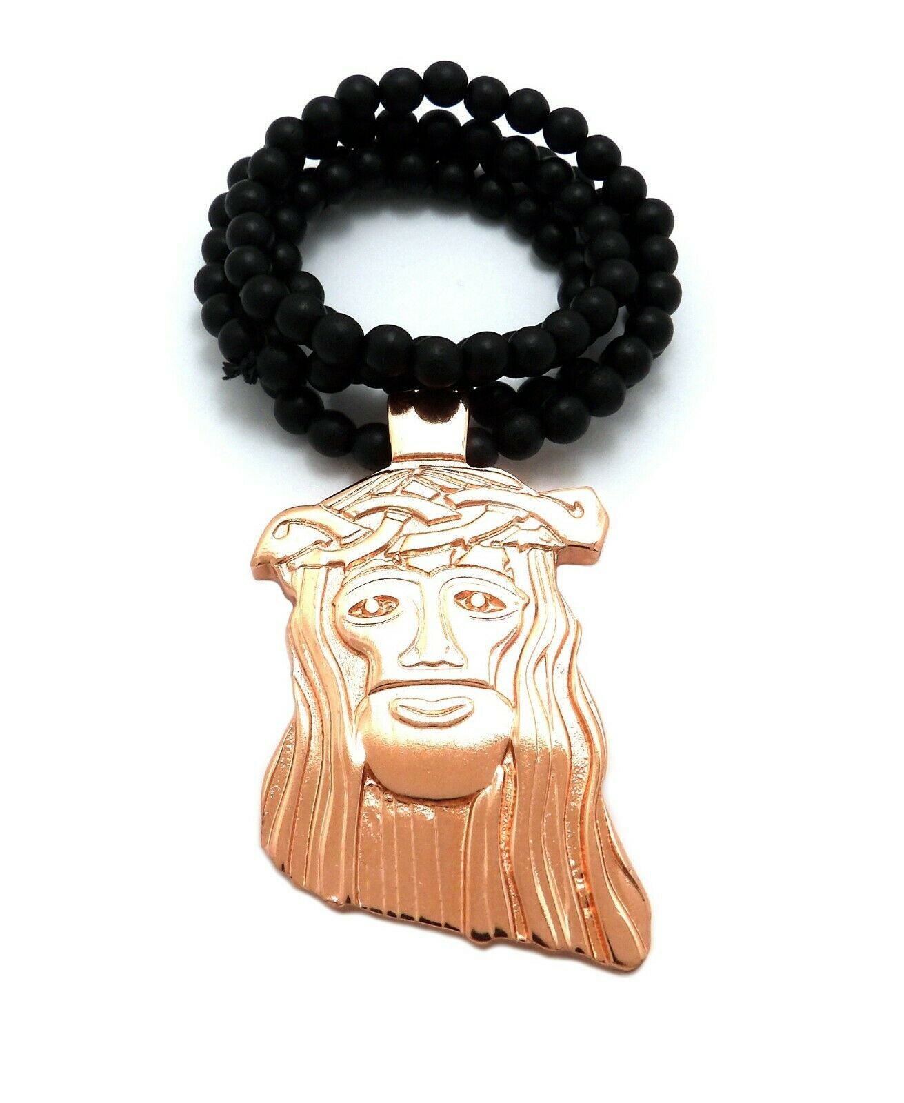 Large Gold Holy Jesus Face Pendant Necklace, 6mm 30" Black Wooden Chain - £14.20 GBP