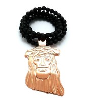 Large Gold Holy Jesus Face Pendant Necklace, 6mm 30&quot; Black Wooden Chain - £14.23 GBP