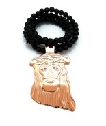 Large Gold Holy Jesus Face Pendant Necklace, 6mm 30&quot; Black Wooden Chain - €15,45 EUR