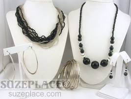 Multi Strand Seed Bead Necklace + Black & Silver Necklace 2 Pr Earring Bracelet - £7.86 GBP