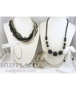 MULTI STRAND SEED BEAD NECKLACE + BLACK &amp; SILVER NECKLACE 2 PR EARRING B... - £7.77 GBP