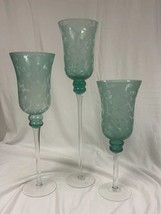 Set 3 Green Glass Candle Holders - £24.50 GBP