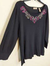 i.e. Woman Black Pink Embroidered Flowers Sweater 3/4 Sleeve Scoop Neck ... - £9.43 GBP