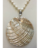Abalone Pendant Necklace Fresh Water Pearls White Mother of Pearl Disc 16" - £15.12 GBP