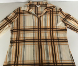 vintage vera long sleeve pullover top blouse v neck collar brown plaid - £15.78 GBP