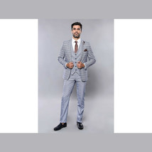 Men 3pc Vest Suit WESSI by J.VALINTIN Extra Slim Fit JV42 Blue Plaid TURKEY USA image 6