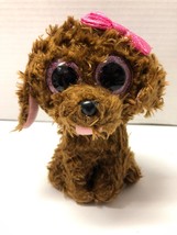 Ty Beanie Boos Maddie Curly Dog Purple Glitter Eyes 6&quot; Pink Ribbon On Top - £3.87 GBP