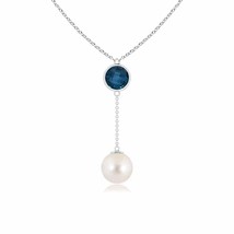 ANGARA Freshwater Pearl &amp; London Blue Topaz Lariat Necklace in 14K Solid Gold - £518.11 GBP