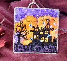 Halloween Theme Haunted House Ghosts Hand Painted Ceramic Tile Decor Uni... - $7.45