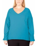 NY Collection Womens Plus Smocked Sleeve V-Neck Blouse, Green 1X - $34.27 CAD