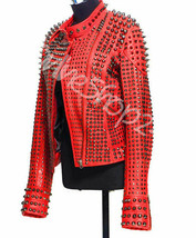 New Woman Rock Punk Multicolor Black Spiked Studded Classic Biker Leather Jacket - £223.46 GBP