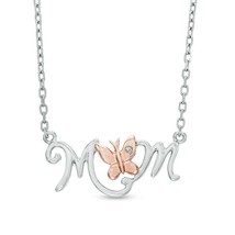 14K White Gold Finish Diamond Accent Butterfly with &quot;MOM&quot; Love Pendant Necklace - £166.69 GBP