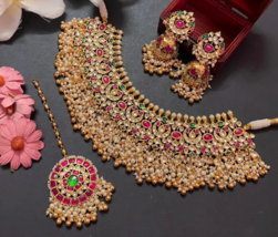 Bollywood Stile Placcato Oro Indiano Pachi Kundan Rubino Girocollo Collana Set - £595.56 GBP