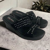 SKECHERS Womens Shoes 8 Embellished Wedge Sandals Black 38466 Memory Foam - £22.81 GBP
