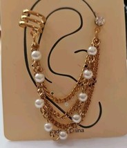 Ear Cuff 4-Layer Chain One Earring Stud Gold Tone Faux Tiny Round White ... - $9.59