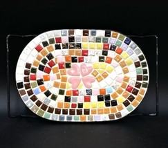Mid Century Mosaic Tile Oval Trivet Multicolor Pink Hearts Black Metal Handles - £18.80 GBP