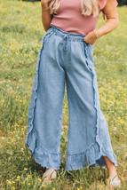 Myosotis Light Wash Raw Hem Ruffled Wide Leg Jeans - $23.69