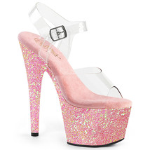 PLEASER ADORE-708LG Women&#39;s 7&quot; Heel Platform Ankle Strap Sandal W/ Glitter Shoes - £57.52 GBP