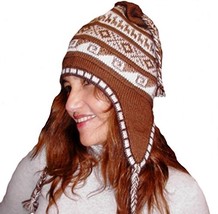 Alpacaandmore Women Chullo Hat Inca Douple Knitted Alpaca Wool Brown (One Sixe) - £29.83 GBP