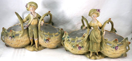 Pair of Figural Amphora Pottery Double Basket Vases Flower Holders Boy &amp;... - £104.16 GBP
