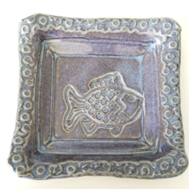 Purplish Blue Square Nautical Decorative Fish Plate Dish Art Pottery Signed - £20.56 GBP