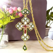 Christian Cross Necklace Green Enamel Flower Catholic Orthodox Pectoral Crucifix - £32.42 GBP