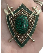 Heraldic Emerald Green Silver Hatchet Swords STAR Marked Shield Brooch Pin - $54.16 CAD