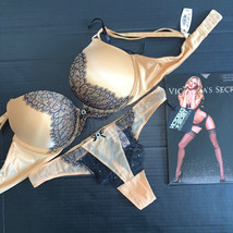 Victoria&#39;s Secret 34B Bombshell Bra Set M Thong Gold Black Lace Fashion Show - £131.79 GBP