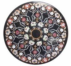 Black Marble Round Table Top Pietradura Floral Fine Home Decor Gift for Him - £310.47 GBP+