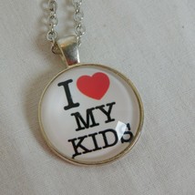 I Heart My Kids Love Children Silver Tone Cabochon Pendant Chain Necklace Round - £2.38 GBP
