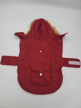 Dog Winter Jacket Medium Unisex Red Fur Hood Sticky Closure Snap Pocket - $15.72