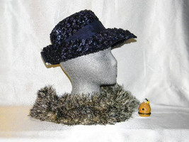 1960&#39;s Navy Blue Woven Hat w/Brim Ribbon &amp; Bow - £15.68 GBP