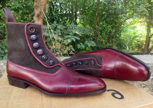 New Handmade Men's Formal Boot, Burgundy Brown Leather & Suede Button Captoe Bo
