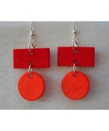 Rectangle Round Earrings Circle Hoop Red Orange Hand Painted Wood Dangle... - $36.00