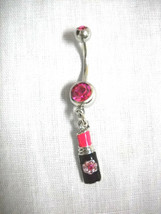 Diva Lipstick Color Enamel and Pink Crystals on Hot Pink 14g CZ Belly Ring Bar - £7.90 GBP