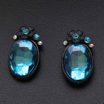 oval blue rhinestone flower floral Pierced Earrings - £2.36 GBP
