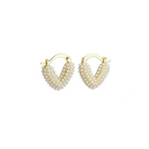 White Pearl Puffy V Shape Huggie Earrings, Sku#LD554 - £6.03 GBP