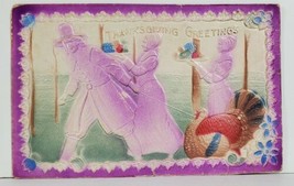 Thanksgiving Greeting Pilgrim Family Turkey Airbrushed Embossed Postcard M20 - £7.93 GBP