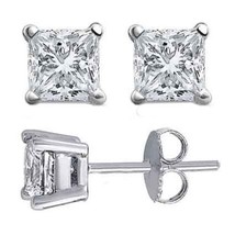 3.50CT Brilliant Princess Cut Solid 14K White Gold PushBack Stud Earrings - £157.45 GBP