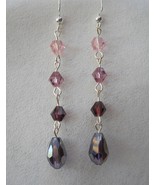 Pink Purple Crystal Glass Tear Drop Earrings Dangle Beaded Handmade Pier... - $28.00