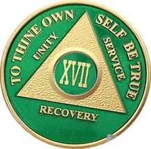 17 Year AA Medallion Green Gold Plated Anniversary Chip With Serenity Pr... - $17.81