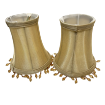 Vintage Set of 2 Fabric Tan Beaded Trim Small Bell Shaped Lampshades 6&quot; ... - £13.14 GBP