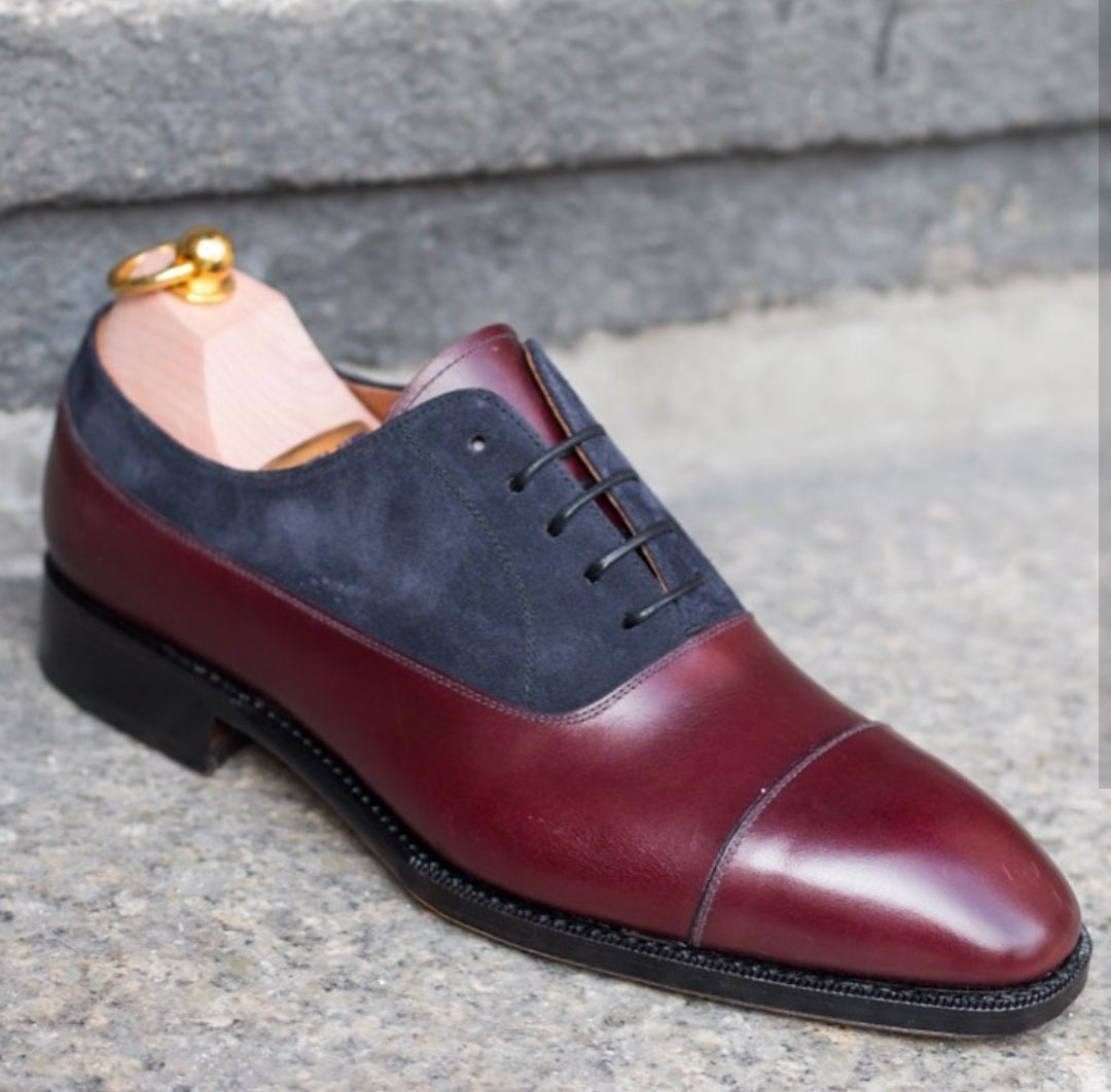 NEW Handmade Men Burgundy Navy Blue Cap Toe Shoes, Men's Leather Suede Lace Up S